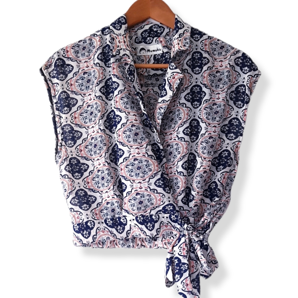 Momoko Korea Floral Blue and Pink Cap Sleeve Crop Blouse